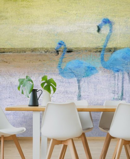 blå og gul maleri af flamingoer wallapper