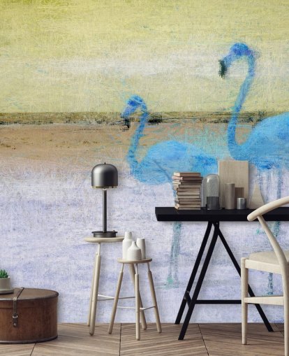 papier peint peinture bleu et jaune de flamants roses
