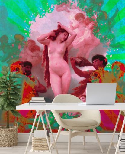 papel pintado de arte vintage de arte abstracto verde y rosa