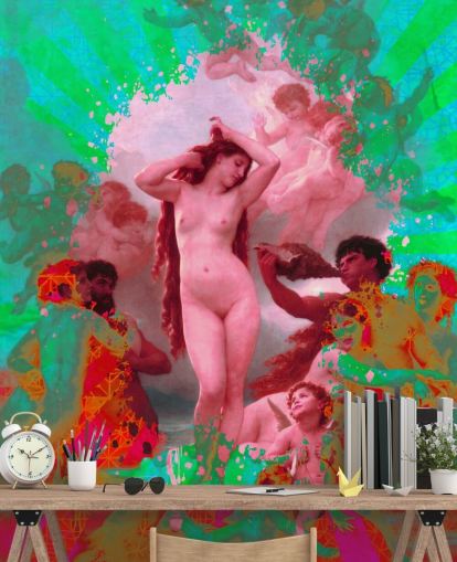 papel pintado de arte vintage de arte abstracto verde y rosa