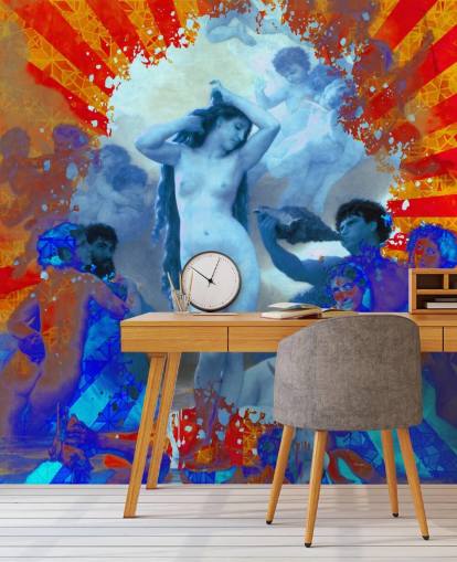 blue and orange abstract art of angels wallpaper