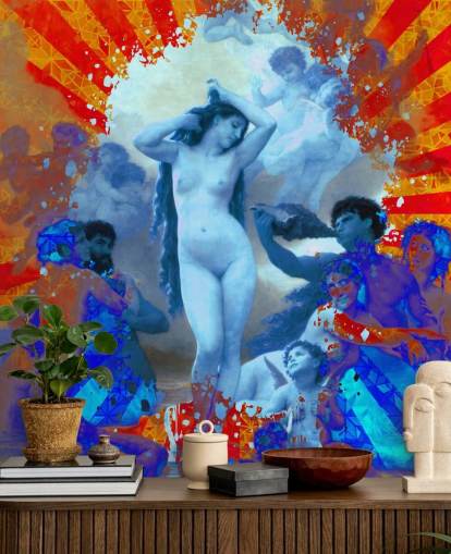 carta da parati blu e arancione arte astratta di angeli