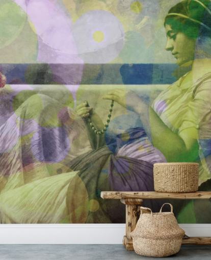 ritratto vintage di una donna con carta da parati moderna a strati di colore