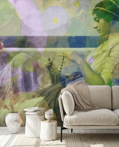 retrato vintage de una mujer con papel tapiz de capas de color moderno