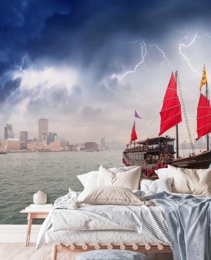 boat on sea by hong kong wallpaper