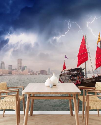 boat on sea by hong kong wallpaper