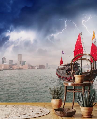 boat on sea by hong kong wallpaper