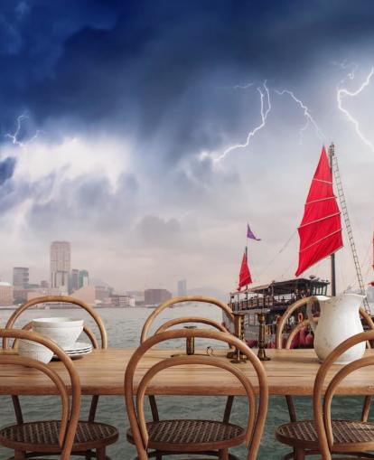 fondo de pantalla de barco en el mar por hong kong