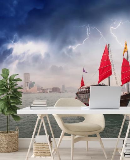 båt på havet av hong kong tapeter