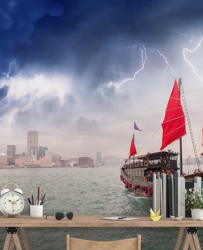 boat on sea by hong kong wallpaper