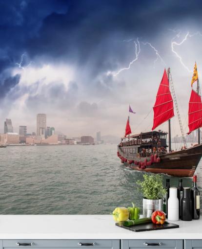 boat on sea by hong kong wallpaper