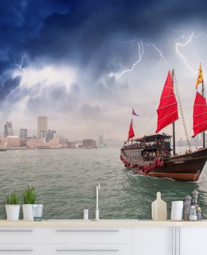 båt på sjøen av hong kong tapet båt på sjøen av hong kong tapet