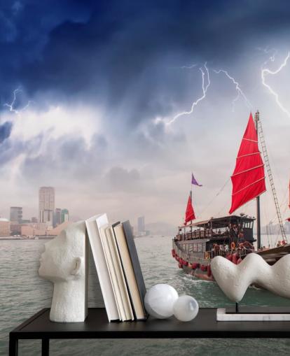 boat on sea by hong kong wallpaper