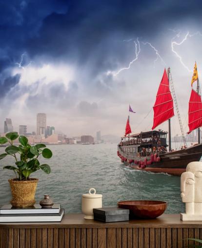 fondo de pantalla de barco en el mar por hong kong