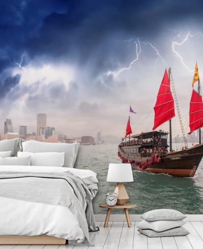 boat on sea by hong kong wallpaper