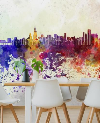 colourful abstract chicago cityscape wall mural