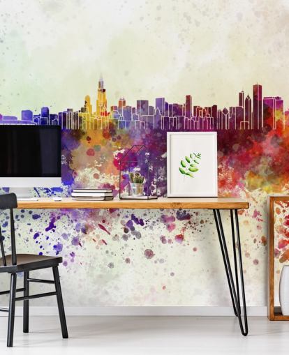 fargerik abstrakt chicago cityscape veggmaleri