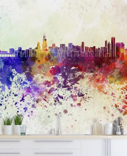 colourful abstract chicago cityscape wall mural