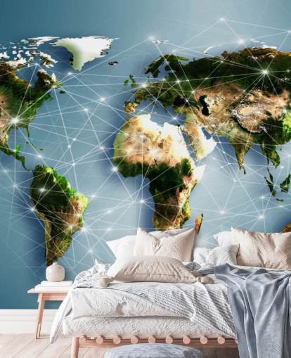 Mural del mapa mundial de líneas de comunicación