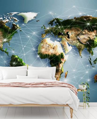 Mural del mapa mundial de líneas de comunicación