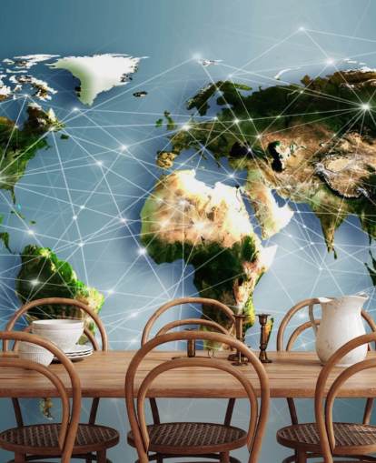 Muurschildering Communicatielijnen Wereldkaart