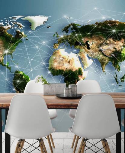 Decorazione murale con mappa del mondo con linee di comunicazione