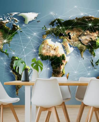 Mural del mapa mundial de líneas de comunicación