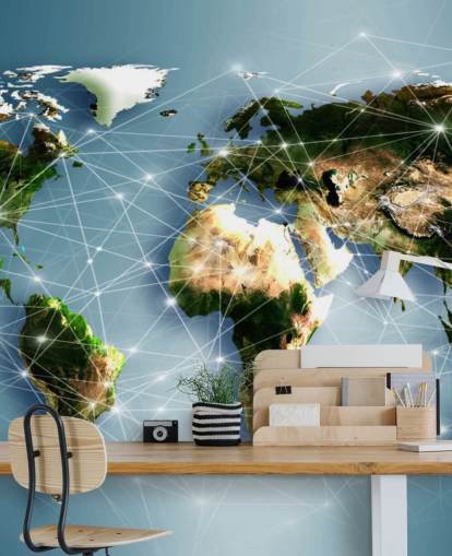 Mural del mapa mundial de líneas de comunicación