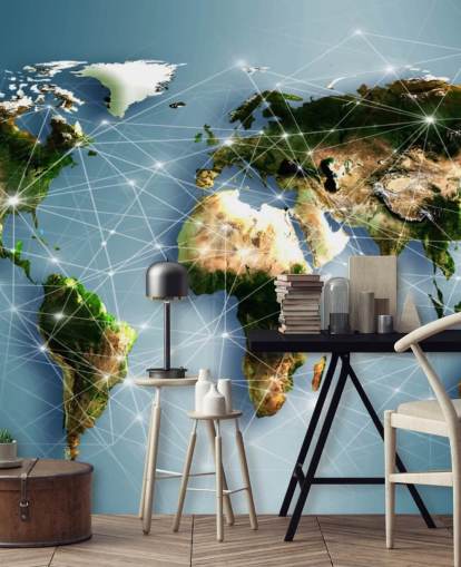 Mural del mapa mundial de líneas de comunicación