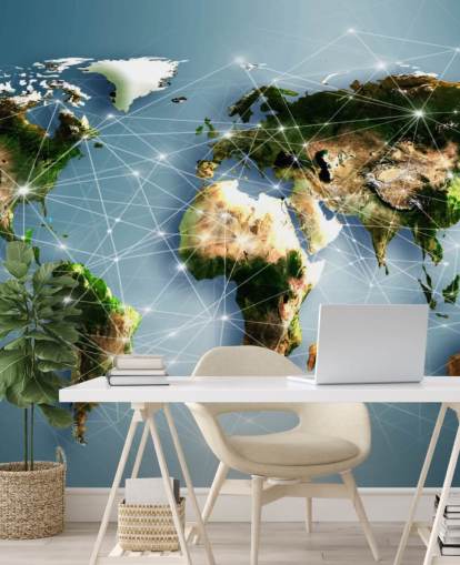 Decorazione murale con mappa del mondo con linee di comunicazione