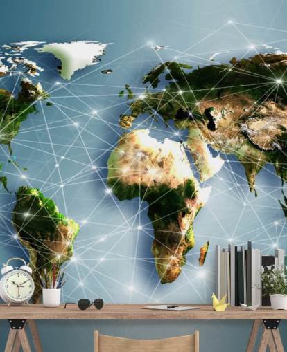 Decorazione murale con mappa del mondo con linee di comunicazione