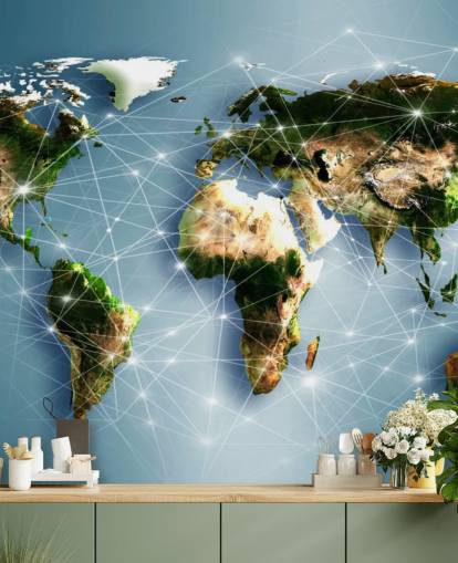 Mural del mapa mundial de líneas de comunicación