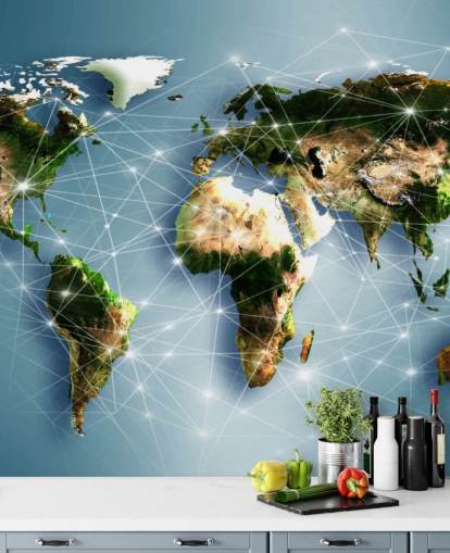 Decorazione murale con mappa del mondo con linee di comunicazione