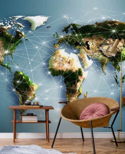 Decorazione murale con mappa del mondo con linee di comunicazione