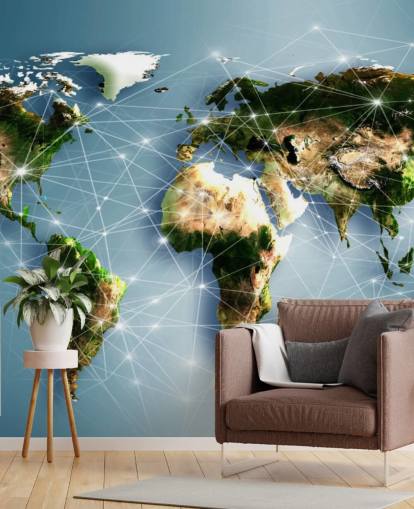 Muurschildering Communicatielijnen Wereldkaart Muurschildering Communicatielijnen Wereldkaart