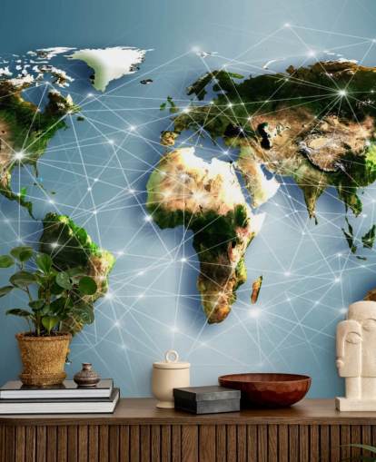 Mural del mapa mundial de líneas de comunicación