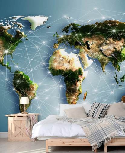 Muurschildering Communicatielijnen Wereldkaart Muurschildering Communicatielijnen Wereldkaart