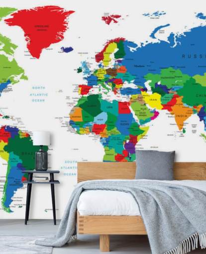 colorido mural de pared con un mapa del mundo llamado Bright World Map