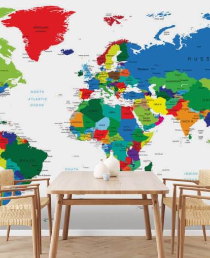 mural de parede colorido do mapa-múndi chamado Bright World Map mural de parede colorido do mapa-múndi chamado Bright World Map