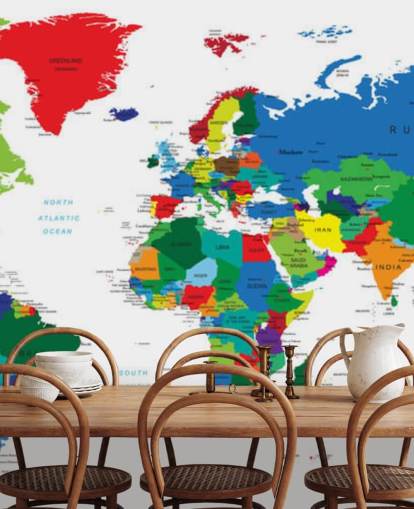 värikäs maailmankartta seinämaalaus nimeltä Bright World Map