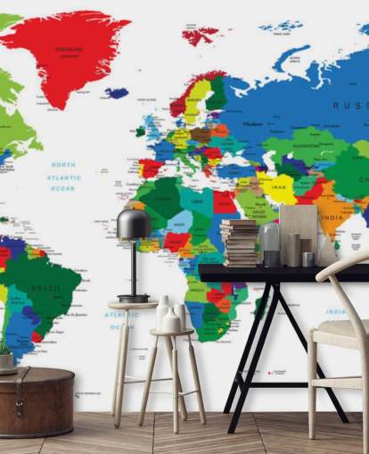 kleurrijke muurschildering van de wereldkaart genaamd Bright World Map