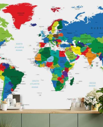 mural de parede colorido do mapa-múndi chamado Bright World Map