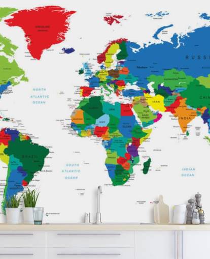 mural de parede colorido do mapa-múndi chamado Bright World Map