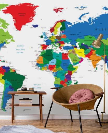 colorido mural de pared con un mapa del mundo llamado Bright World Map