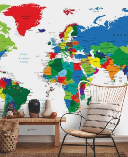 mural de parede colorido do mapa-múndi chamado Bright World Map mural de parede colorido do mapa-múndi chamado Bright World Map