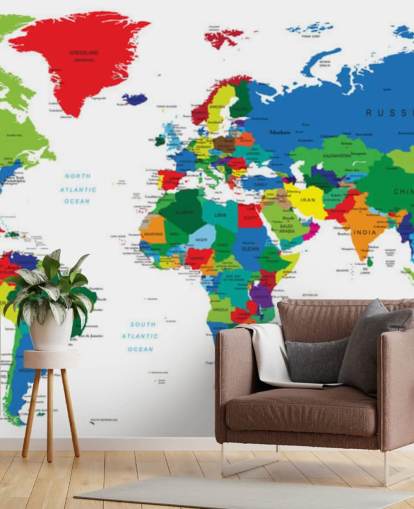 colorido mural de pared con un mapa del mundo llamado Bright World Map