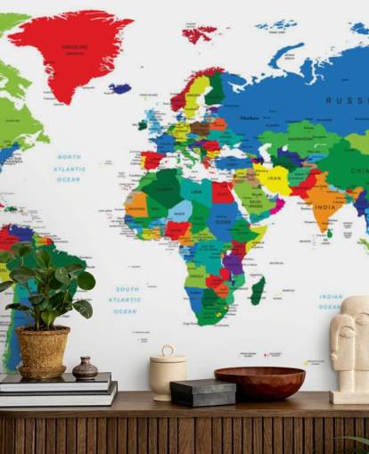 farverigt verdenskort vægmaleri kaldet Bright World Map