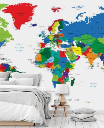 värikäs maailmankartta seinämaalaus nimeltä Bright World Map värikäs maailmankartta seinämaalaus nimeltä Bright World Map