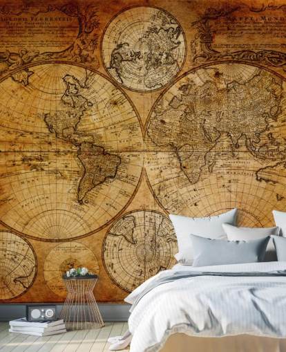 brun anpassad vintage världskarta tapeter väggmålning kallad Old Globe Map 1746 för kontor