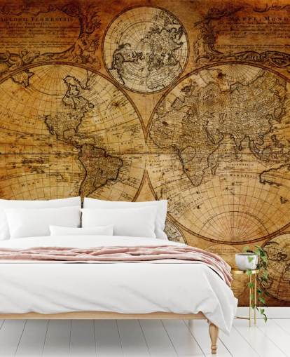 bruine op maat gemaakte vintage wereldkaart behangmuurschildering genaamd Old Globe Map 1746 voor kantoren